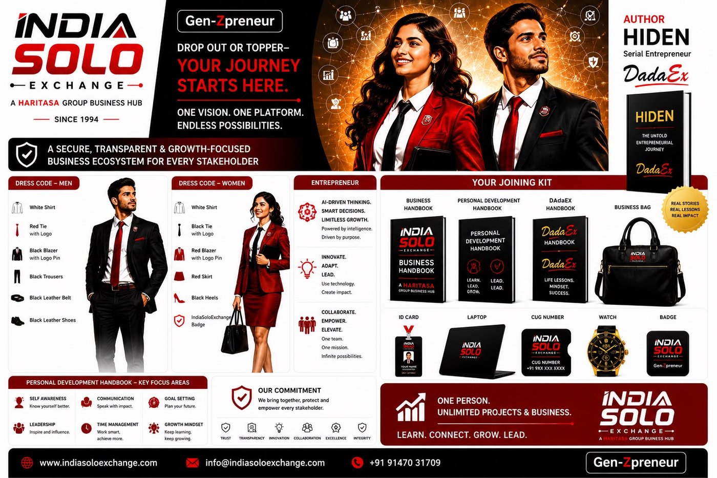 India Solo Exchange Partner Joining Kit — dress code, business & personal development handbooks, DadaEx book, business bag, ID card, laptop, watch and badge